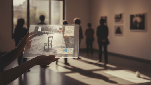 Pessoa segura tela transparente exibindo conteúdo digital de realidade aumentada em uma galeria de arte