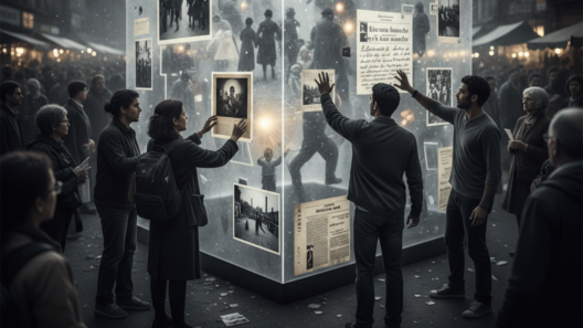 Pessoas tocam um grande cubo translúcido e brilhante que exibe fotografias e documentos históricos em uma rua movimentada
