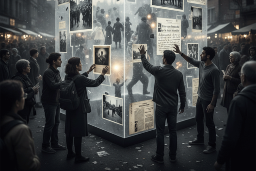 Pessoas tocam um grande cubo translúcido e brilhante que exibe fotografias e documentos históricos em uma rua movimentada