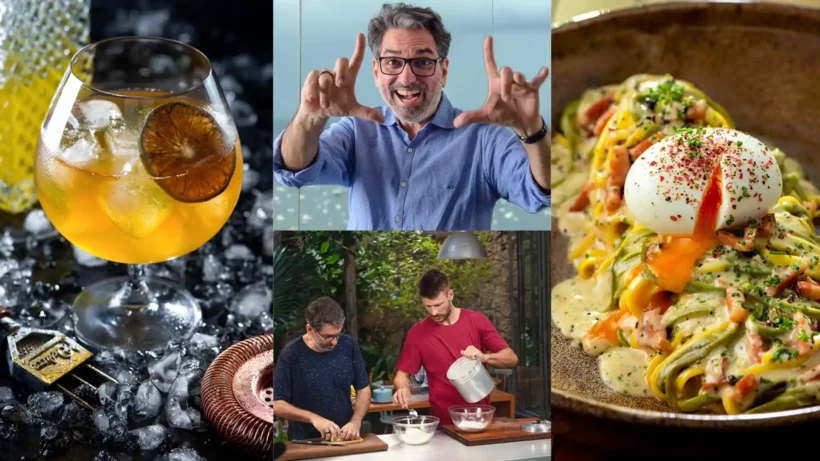 Colagem: coquetel cítrico, homem sorridente, dois homens cozinhando e prato de massa com ovo de gema mole