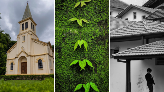Colagem de três fotos: uma igreja amarela, uma trepadeira em um tronco e um homem caminhando em uma foto em preto e branco