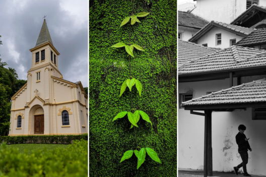 Colagem de três fotos: uma igreja amarela, uma trepadeira em um tronco e um homem caminhando em uma foto em preto e branco
