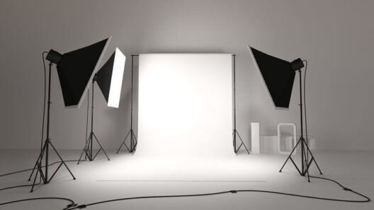 Estúdio de fotografia com fundo branco e três luzes softbox em tripés