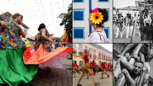 Colagem de fotos de manifestações culturais brasileiras, com danças folclóricas, trajes típicos e rituais religiosos