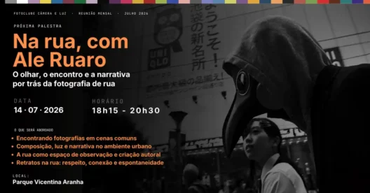 Palestra Na rua, com Ale Ruaro: fotografia de rua. Dia 14/07/2026 às 18h15 no Parque Vicentina Aranha