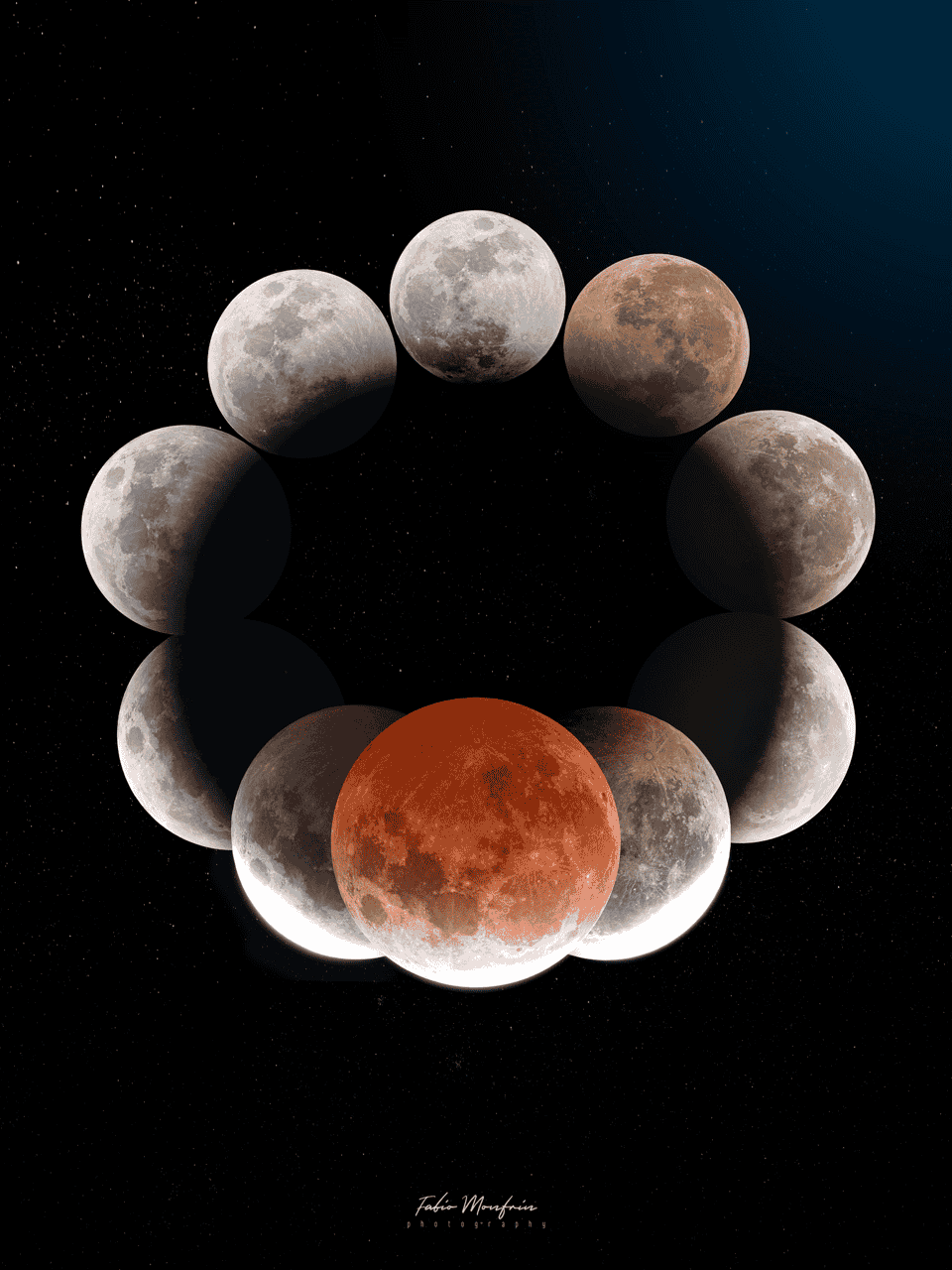 Mosaico com as fases do eclipse lunar